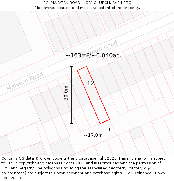 12, MALVERN ROAD, HORNCHURCH, RM11 1BQ: Plot and title map