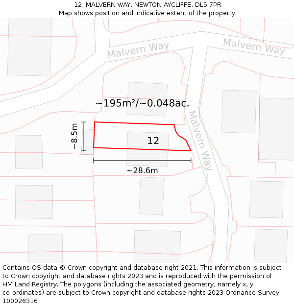 12, MALVERN WAY, NEWTON AYCLIFFE, DL5 7PR: Plot and title map