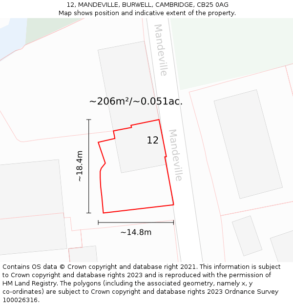 12, MANDEVILLE, BURWELL, CAMBRIDGE, CB25 0AG: Plot and title map