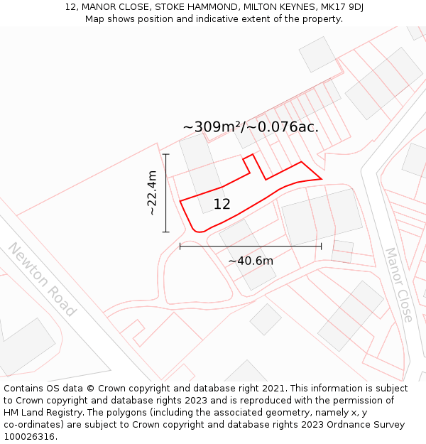 12, MANOR CLOSE, STOKE HAMMOND, MILTON KEYNES, MK17 9DJ: Plot and title map