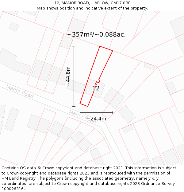 12, MANOR ROAD, HARLOW, CM17 0BE: Plot and title map