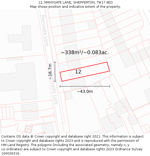 12, MANYGATE LANE, SHEPPERTON, TW17 9ED: Plot and title map