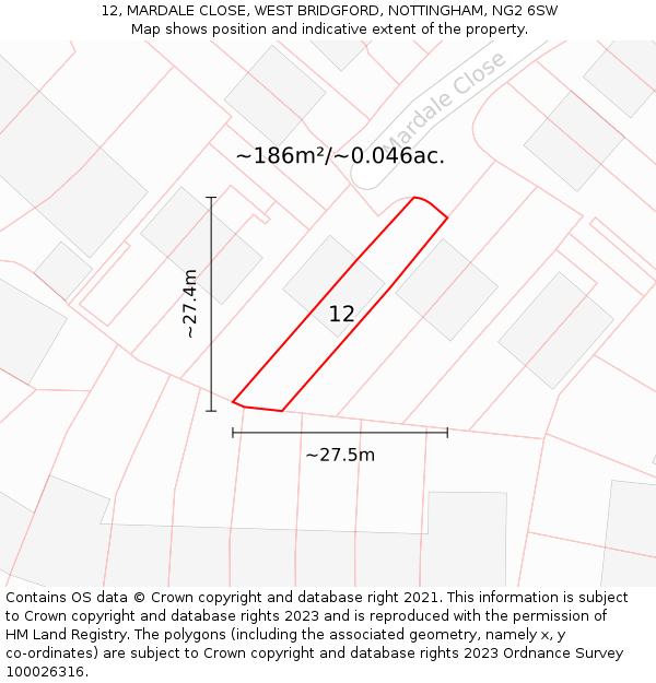 12, MARDALE CLOSE, WEST BRIDGFORD, NOTTINGHAM, NG2 6SW: Plot and title map