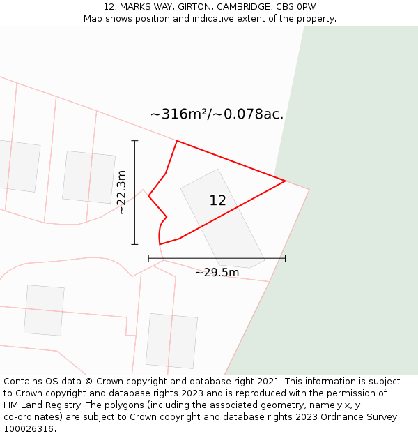 12, MARKS WAY, GIRTON, CAMBRIDGE, CB3 0PW: Plot and title map