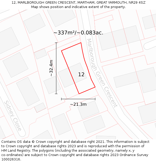 12, MARLBOROUGH GREEN CRESCENT, MARTHAM, GREAT YARMOUTH, NR29 4SZ: Plot and title map