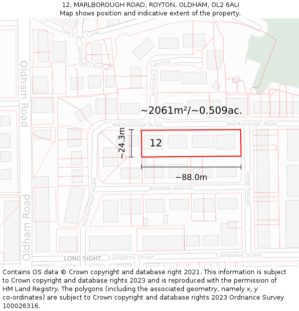 12, MARLBOROUGH ROAD, ROYTON, OLDHAM, OL2 6AU: Plot and title map