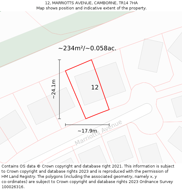 12, MARRIOTTS AVENUE, CAMBORNE, TR14 7HA: Plot and title map