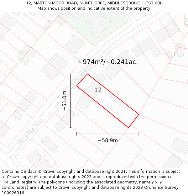 12, MARTON MOOR ROAD, NUNTHORPE, MIDDLESBROUGH, TS7 0BH: Plot and title map