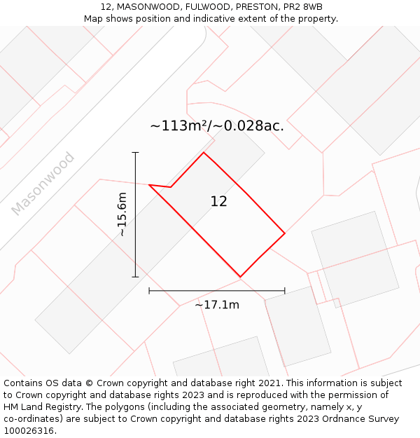 12, MASONWOOD, FULWOOD, PRESTON, PR2 8WB: Plot and title map