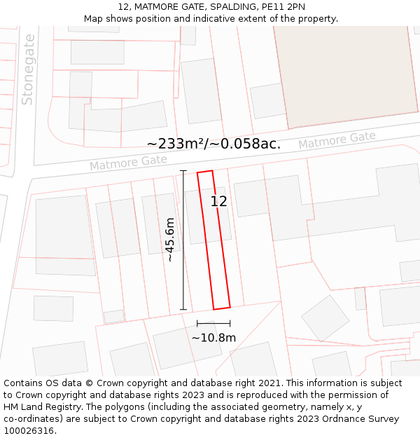 12, MATMORE GATE, SPALDING, PE11 2PN: Plot and title map