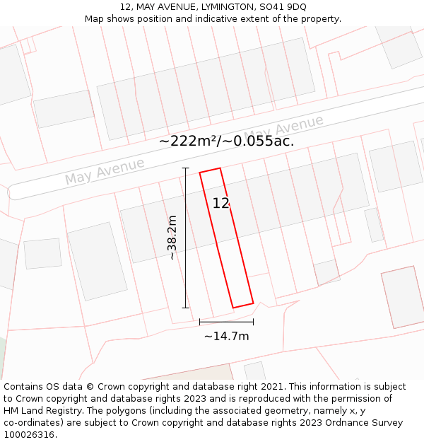 12, MAY AVENUE, LYMINGTON, SO41 9DQ: Plot and title map