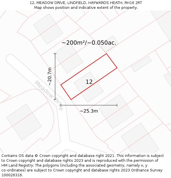 12, MEADOW DRIVE, LINDFIELD, HAYWARDS HEATH, RH16 2RT: Plot and title map