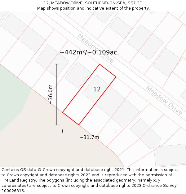 12, MEADOW DRIVE, SOUTHEND-ON-SEA, SS1 3DJ: Plot and title map