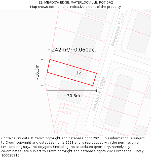 12, MEADOW EDGE, WATERLOOVILLE, PO7 5AZ: Plot and title map