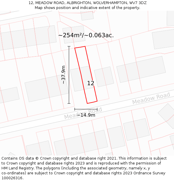 12, MEADOW ROAD, ALBRIGHTON, WOLVERHAMPTON, WV7 3DZ: Plot and title map