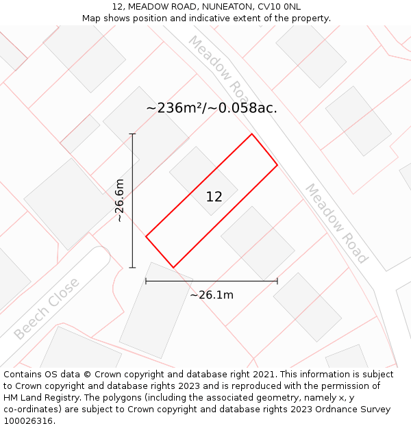 12, MEADOW ROAD, NUNEATON, CV10 0NL: Plot and title map