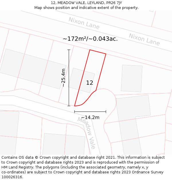 12, MEADOW VALE, LEYLAND, PR26 7JY: Plot and title map