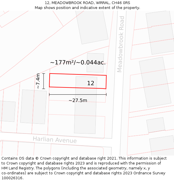 12, MEADOWBROOK ROAD, WIRRAL, CH46 0RS: Plot and title map