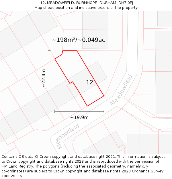12, MEADOWFIELD, BURNHOPE, DURHAM, DH7 0EJ: Plot and title map