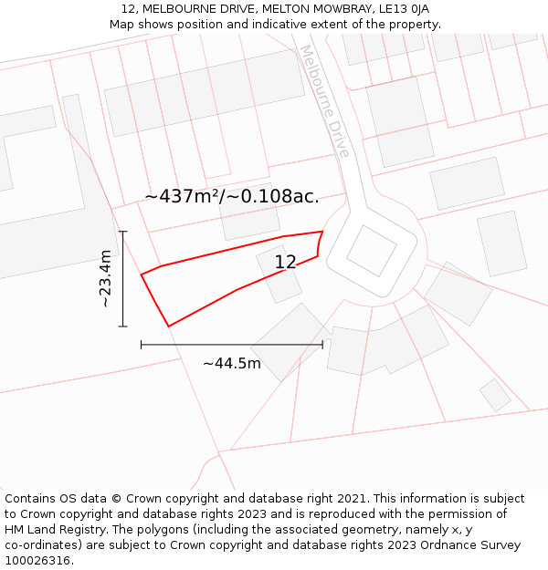 12, MELBOURNE DRIVE, MELTON MOWBRAY, LE13 0JA: Plot and title map
