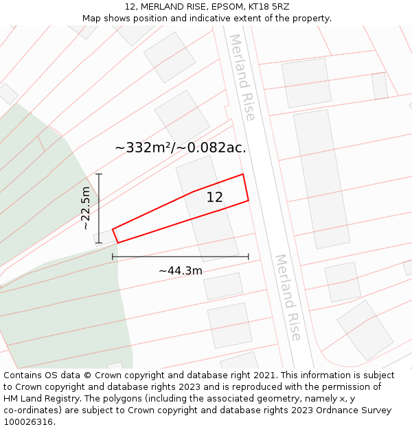 12, MERLAND RISE, EPSOM, KT18 5RZ: Plot and title map