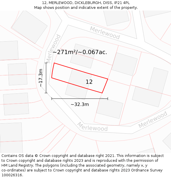 12, MERLEWOOD, DICKLEBURGH, DISS, IP21 4PL: Plot and title map