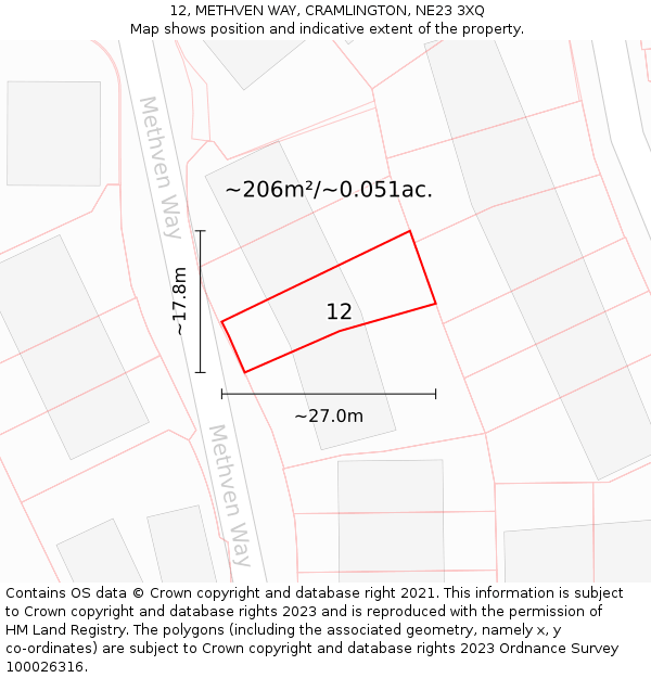 12, METHVEN WAY, CRAMLINGTON, NE23 3XQ: Plot and title map