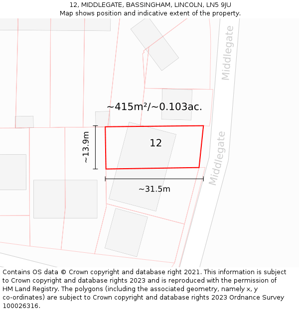12, MIDDLEGATE, BASSINGHAM, LINCOLN, LN5 9JU: Plot and title map