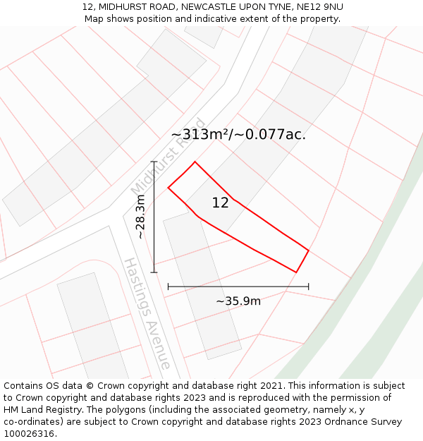 12, MIDHURST ROAD, NEWCASTLE UPON TYNE, NE12 9NU: Plot and title map