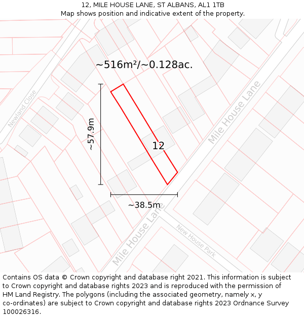 12, MILE HOUSE LANE, ST ALBANS, AL1 1TB: Plot and title map