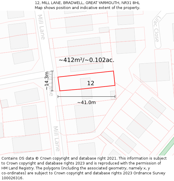 12, MILL LANE, BRADWELL, GREAT YARMOUTH, NR31 8HL: Plot and title map