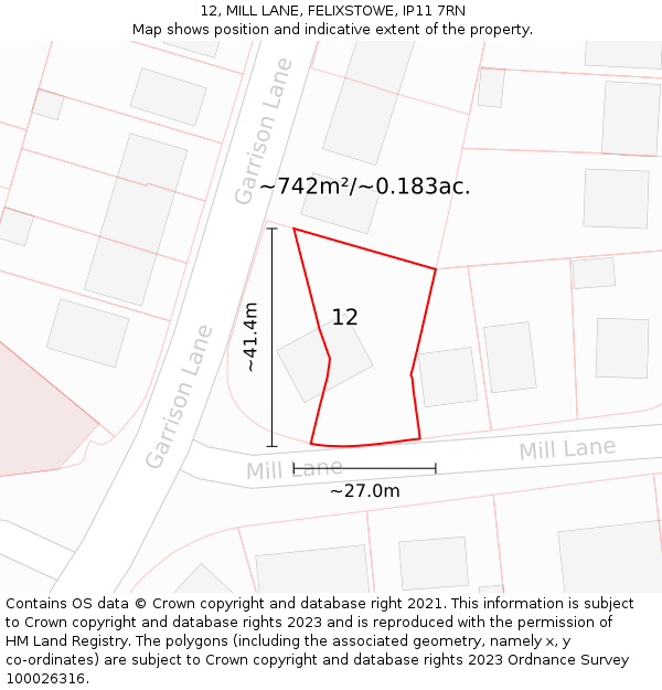 12, MILL LANE, FELIXSTOWE, IP11 7RN: Plot and title map