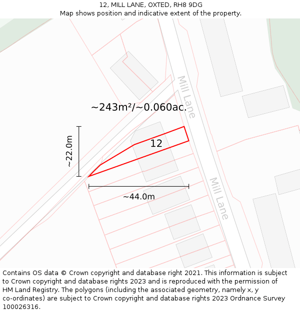 12, MILL LANE, OXTED, RH8 9DG: Plot and title map