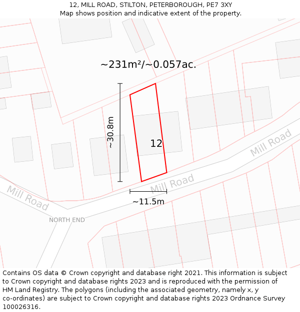 12, MILL ROAD, STILTON, PETERBOROUGH, PE7 3XY: Plot and title map