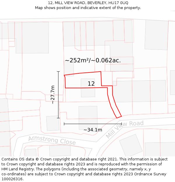 12, MILL VIEW ROAD, BEVERLEY, HU17 0UQ: Plot and title map