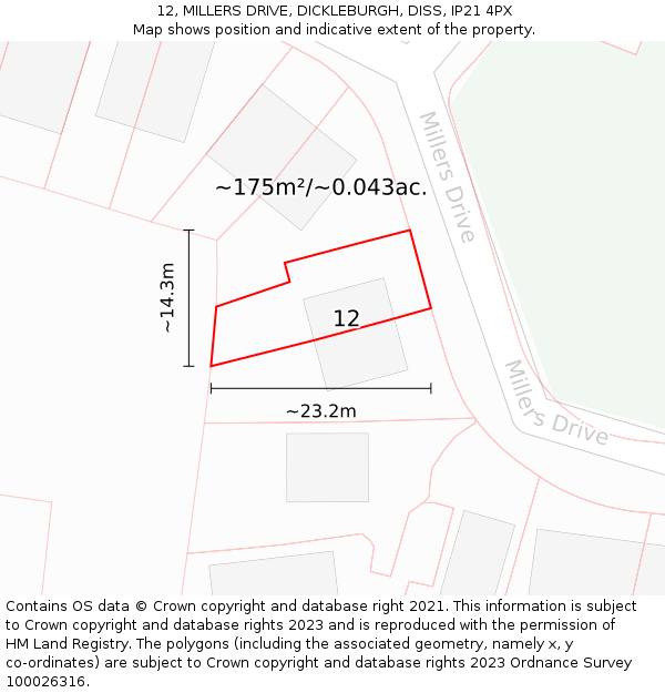 12, MILLERS DRIVE, DICKLEBURGH, DISS, IP21 4PX: Plot and title map