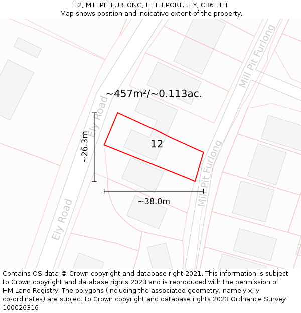 12, MILLPIT FURLONG, LITTLEPORT, ELY, CB6 1HT: Plot and title map