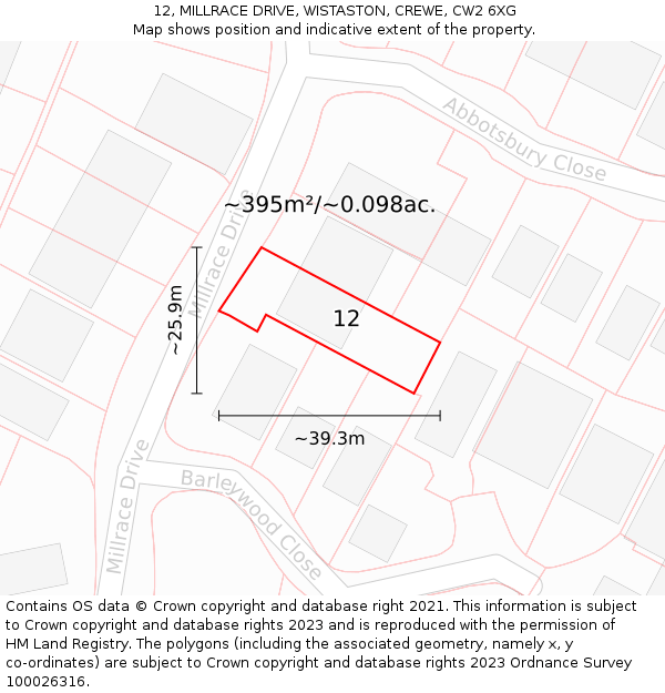 12, MILLRACE DRIVE, WISTASTON, CREWE, CW2 6XG: Plot and title map