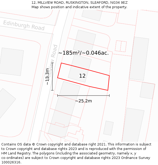 12, MILLVIEW ROAD, RUSKINGTON, SLEAFORD, NG34 9EZ: Plot and title map