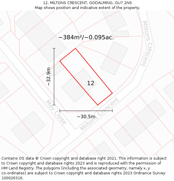 12, MILTONS CRESCENT, GODALMING, GU7 2NS: Plot and title map