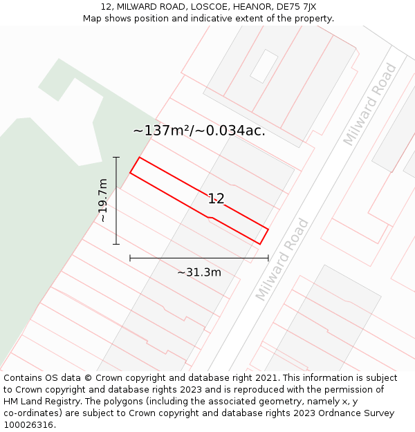 12, MILWARD ROAD, LOSCOE, HEANOR, DE75 7JX: Plot and title map