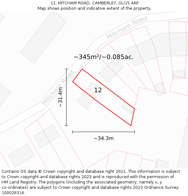 12, MITCHAM ROAD, CAMBERLEY, GU15 4AP: Plot and title map