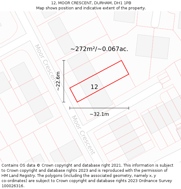 12, MOOR CRESCENT, DURHAM, DH1 1PB: Plot and title map