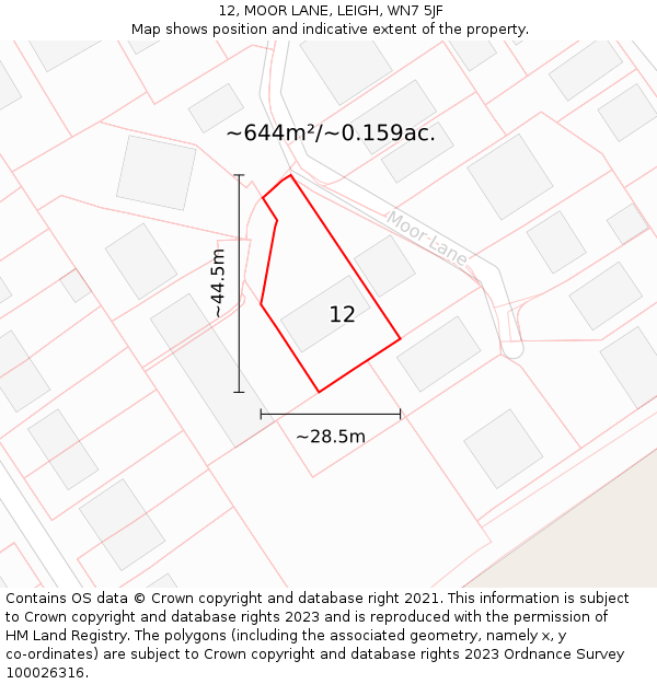 12, MOOR LANE, LEIGH, WN7 5JF: Plot and title map