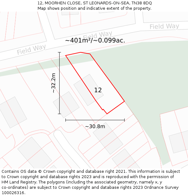 12, MOORHEN CLOSE, ST LEONARDS-ON-SEA, TN38 8DQ: Plot and title map