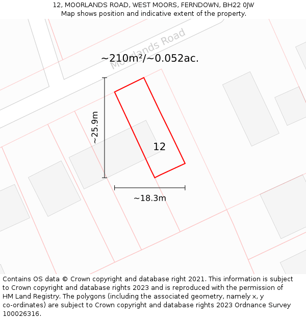 12, MOORLANDS ROAD, WEST MOORS, FERNDOWN, BH22 0JW: Plot and title map