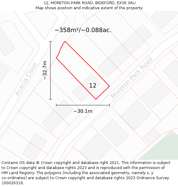 12, MORETON PARK ROAD, BIDEFORD, EX39 3AU: Plot and title map