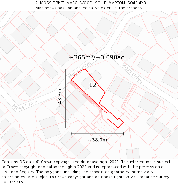12, MOSS DRIVE, MARCHWOOD, SOUTHAMPTON, SO40 4YB: Plot and title map