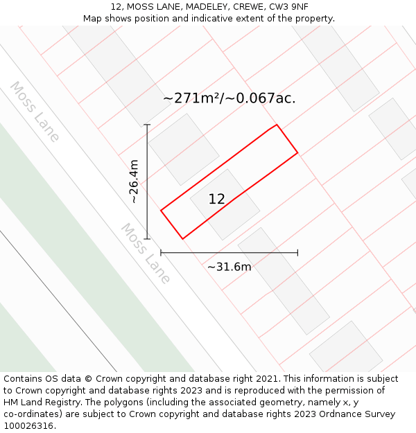 12, MOSS LANE, MADELEY, CREWE, CW3 9NF: Plot and title map