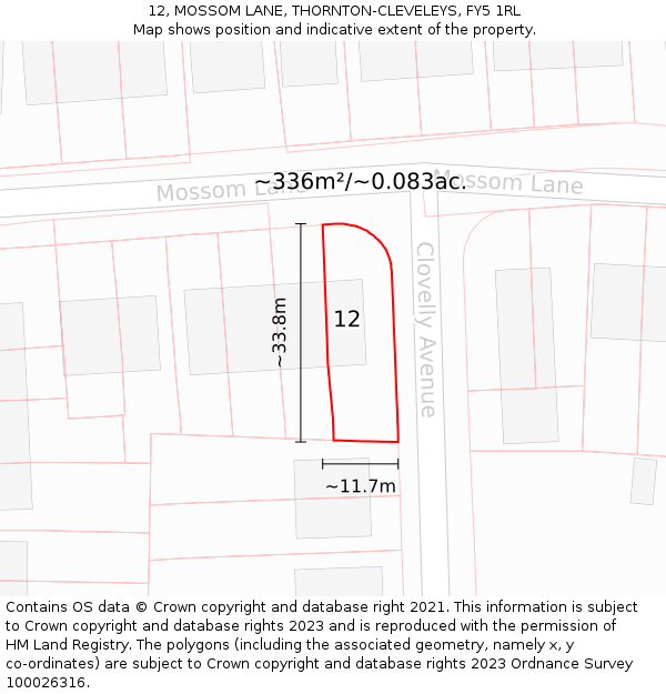 12, MOSSOM LANE, THORNTON-CLEVELEYS, FY5 1RL: Plot and title map